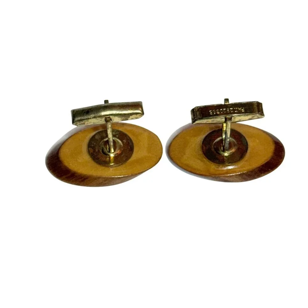 Vintage Natural Wood Disk Cufflinks Tree Rings Gold-Tone Woodworker